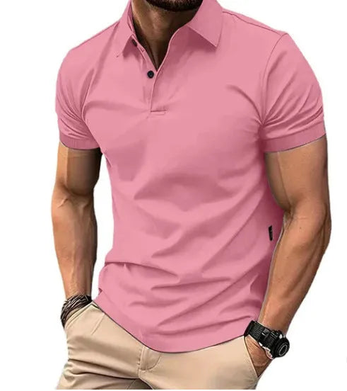 Men's slim fit solid colour short sleeve button-up shirt on a hanger.