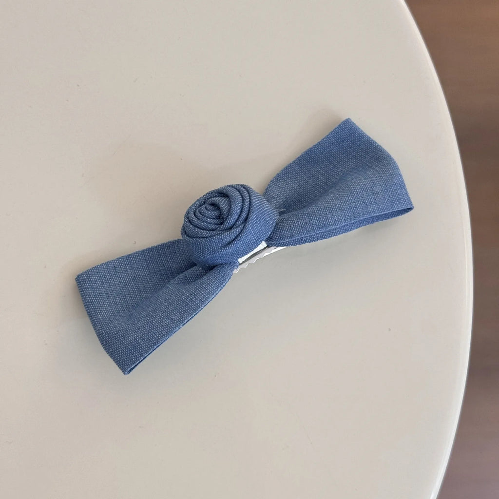 Handcrafted lace denim blue bow barrettes hairpin with beige lace and ribbon decoration