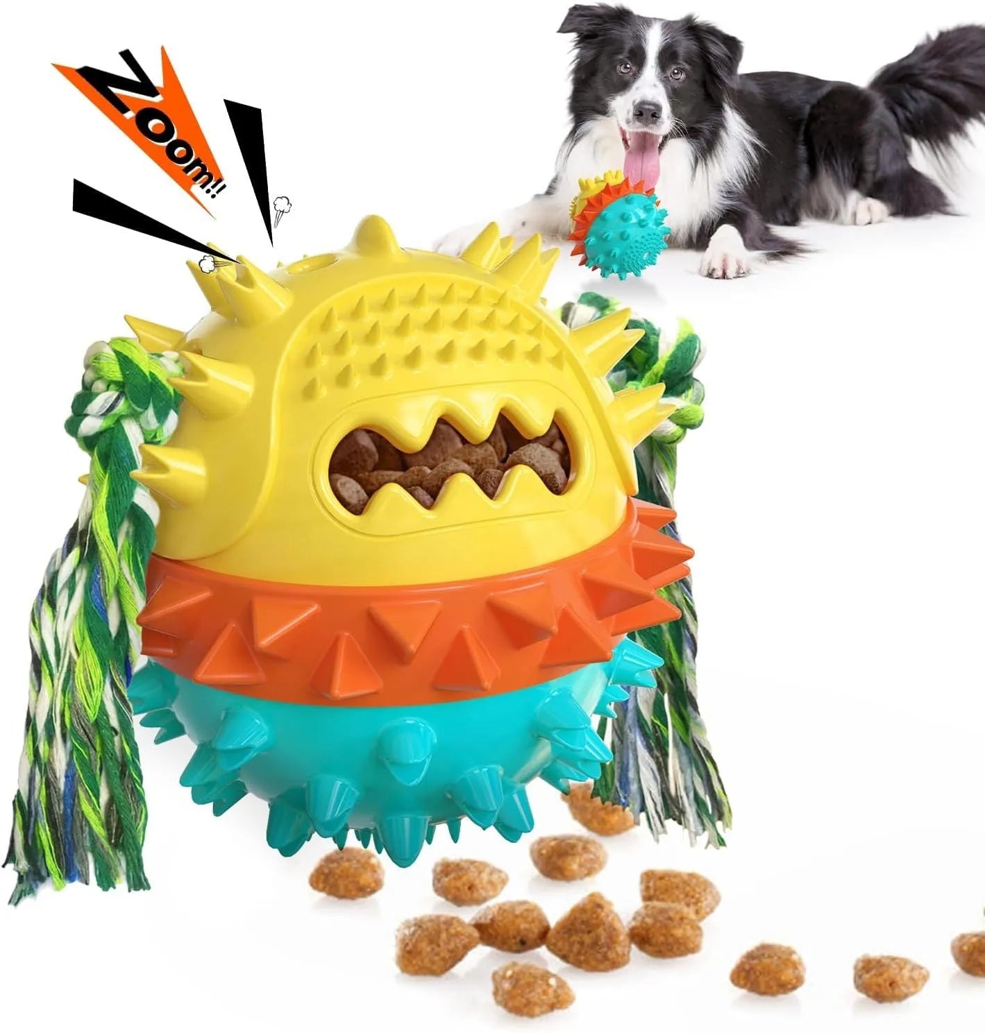 Blue and red TPR rubber dog chew toy with treat dispenser for aggressive chewers