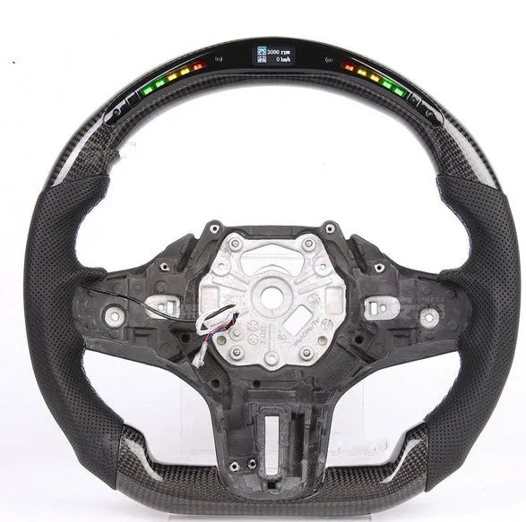 Black carbon fibre steering wheel for BMW with LED display and multifunction buttons