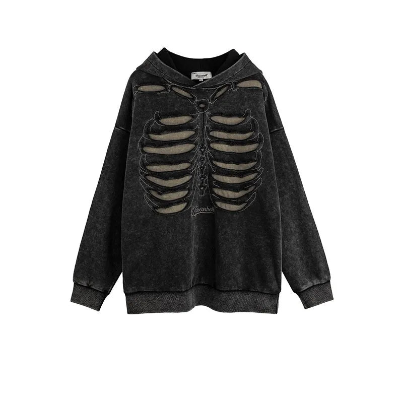 Men's loose pullover hoodie with skull print in Antique Brown, front view, cotton fabric