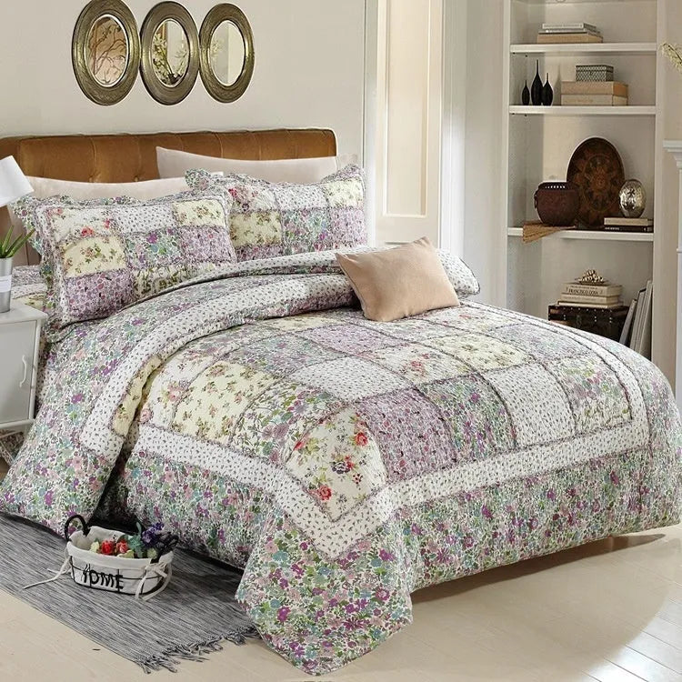 Pure cotton bedspread-style three-piece bedding set with quilted texture in various colour options