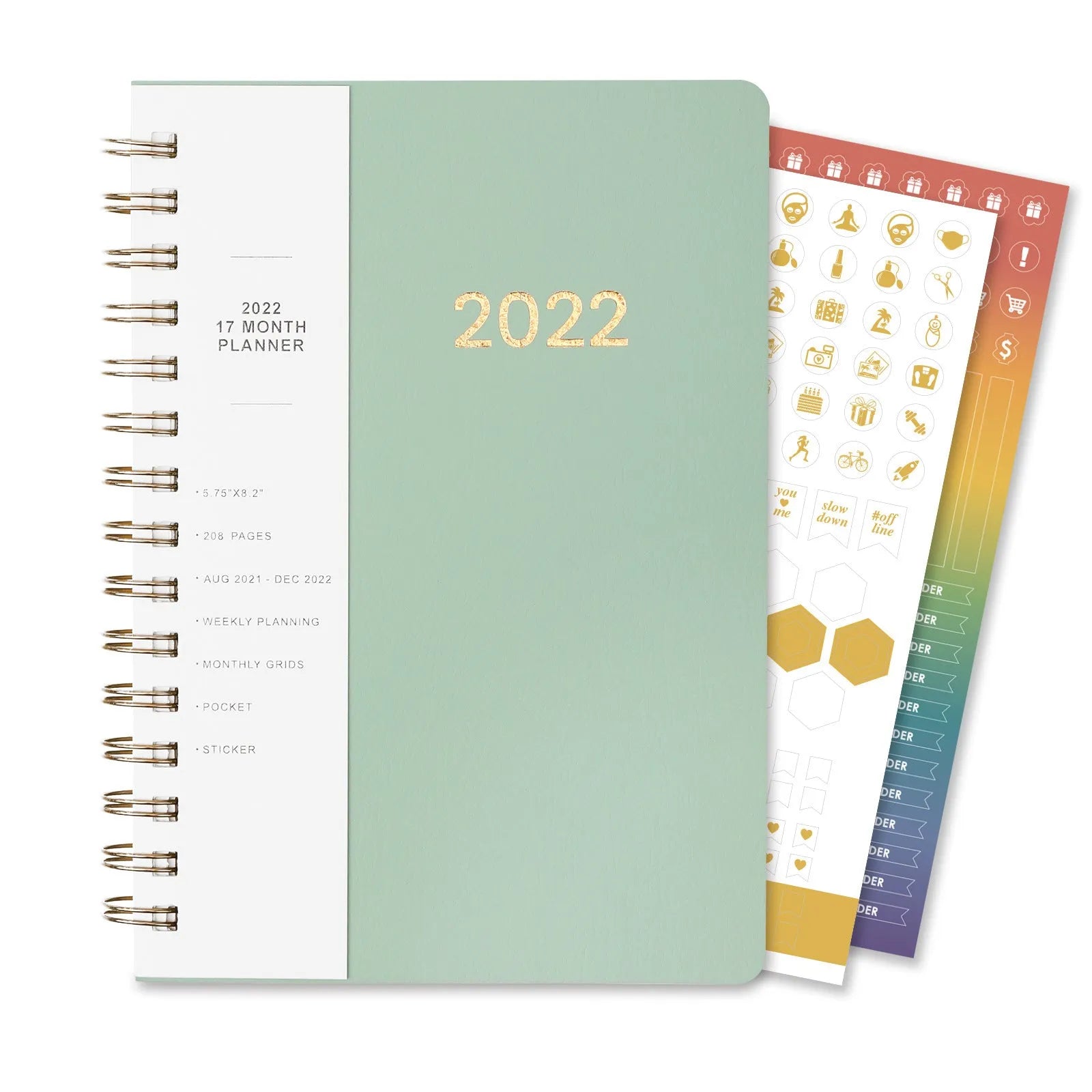 Blue and Green 2022 student week planner notebook with PU leather cover and pocket