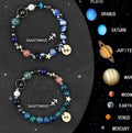 Set of two natural stone beaded bracelets with different zodiac sign designs.