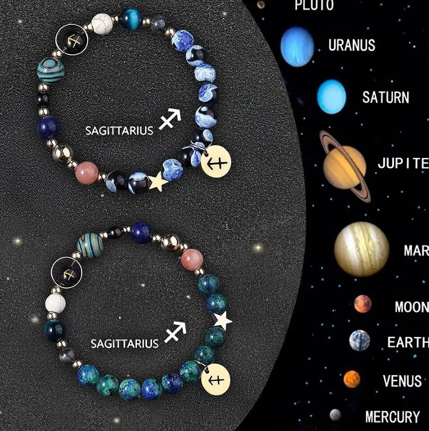 Set of two natural stone beaded bracelets with different zodiac sign designs.