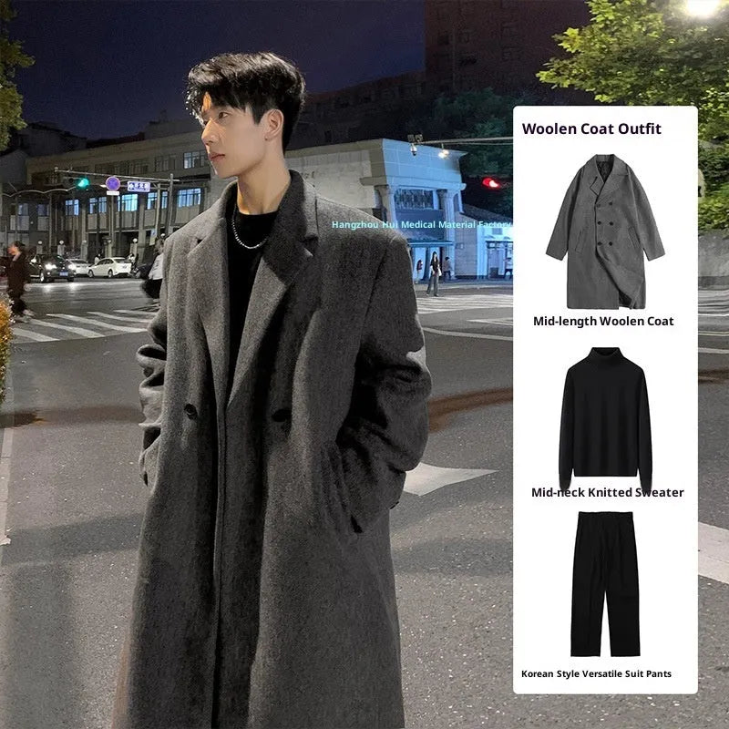 Mid-length thick loose Korean style trench coat suit set for women winter casual wear, colour Dark Gray, front view