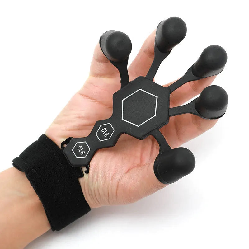 A black or grey silicone five-finger hand trainer for adult grip strength and rehabilitation.