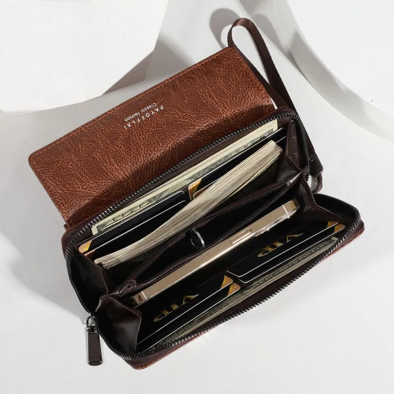 Men's black PU wallet with multiple card slots in casual long 19x10.5x4cm design