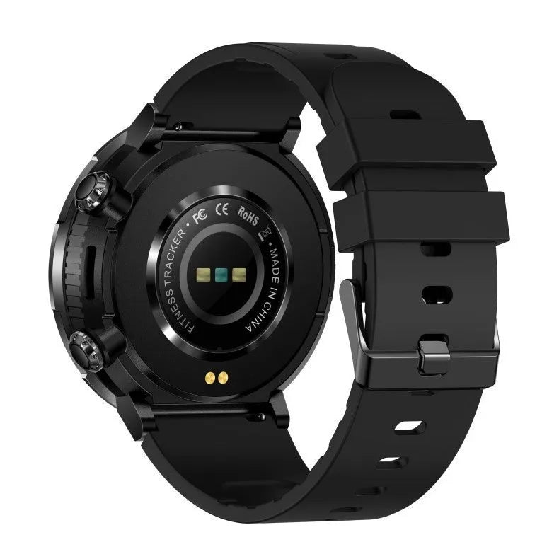 Black T30 smartwatch with a silicone strap on a wrist, displaying a health stats screen.