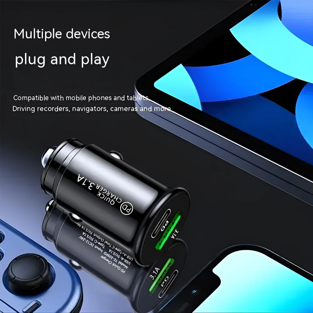 Dual USB port car charger converter in black bare metal with cigarette lighter plug