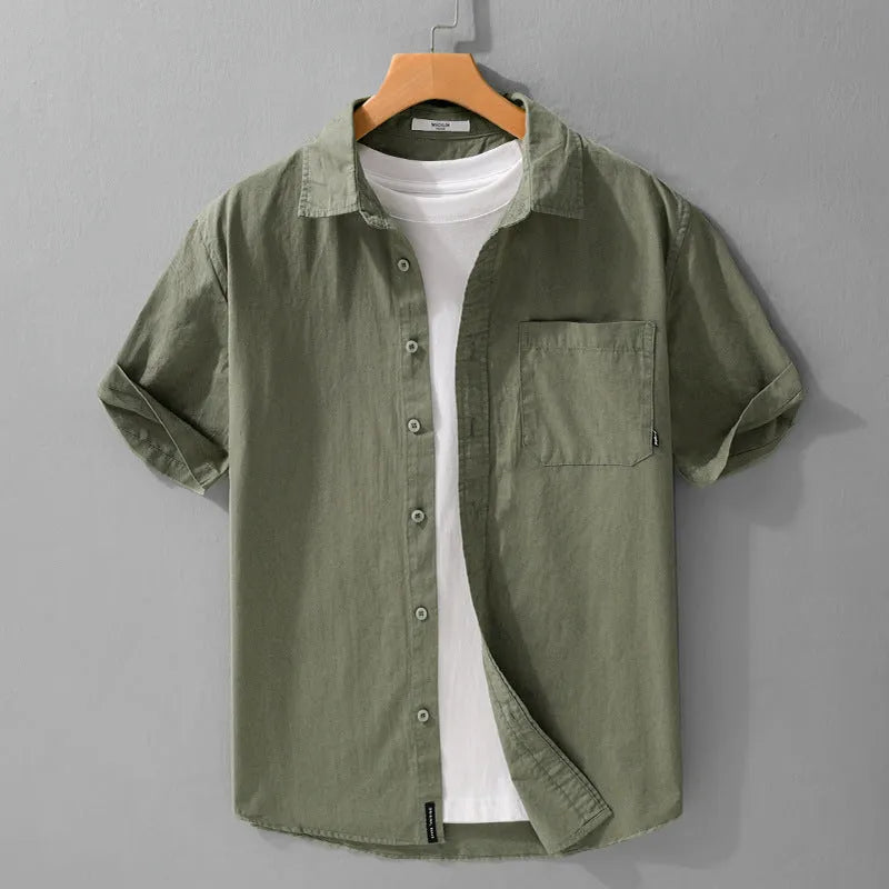 Men's short sleeve cotton shirt in loose cardigan style available in five colours with Asian sizing
