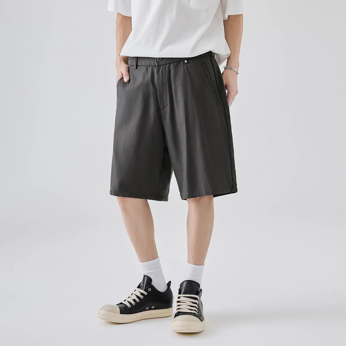 Men's casual cotton blend lyocell shorts in apricot colour showing loose fit and simple style