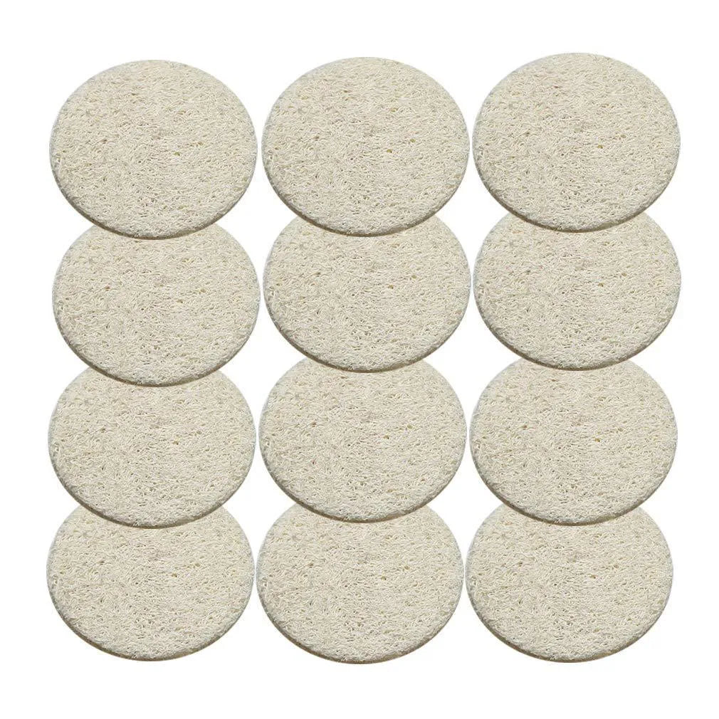 Pack of 10 natural loofah makeup removing tissues 6x6cm on white background