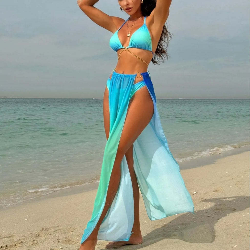 Women's drawstring banded bikini three-piece swimsuit set in rose red with polyester fabric, front view