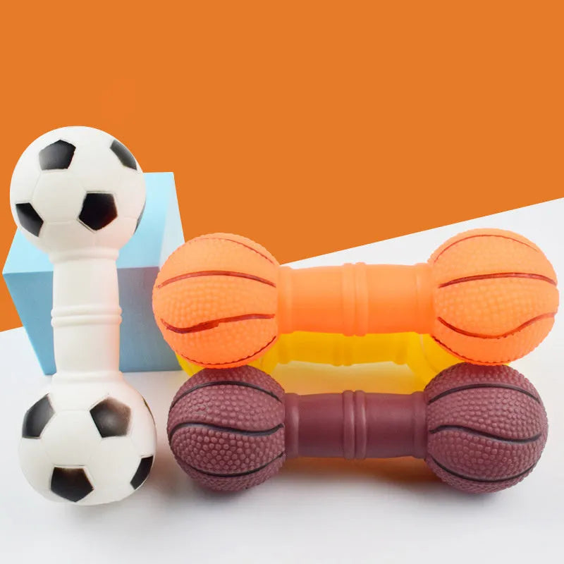 Brown, orange, white, and yellow PVC football and dumbbell shaped squeaky dog chew toys.