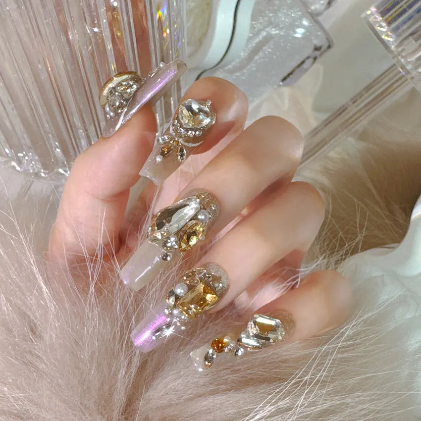 S number flash style artificial nails with luxury rhinestone designs and glossy phototherapy sealing