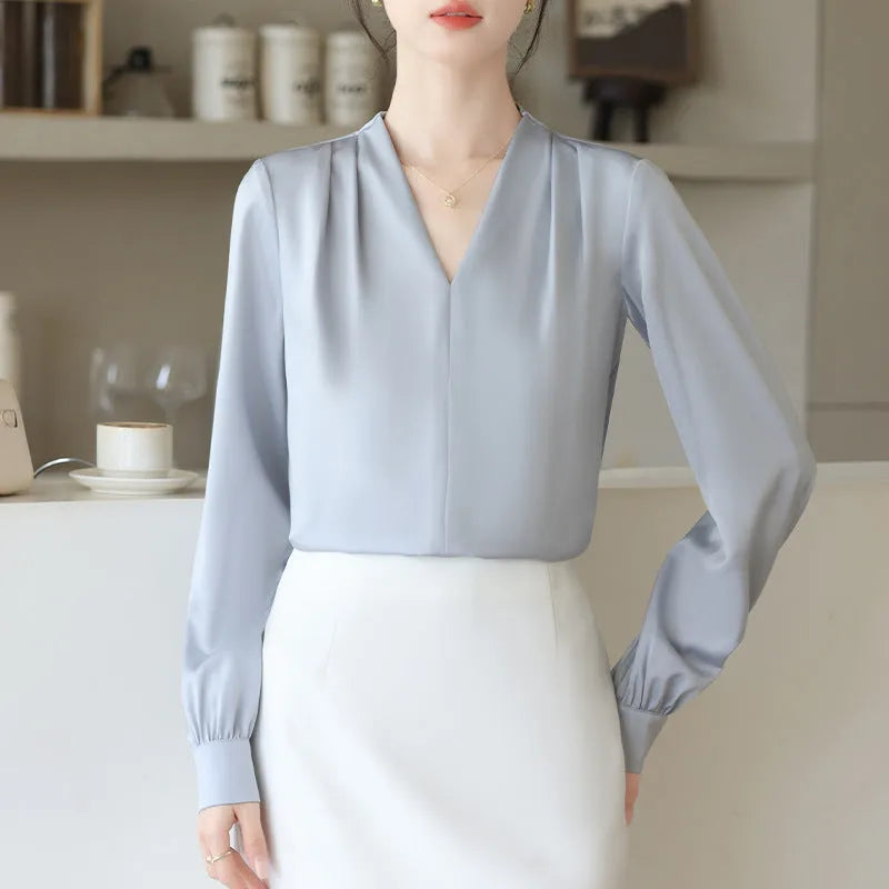 Women's slim fit satin shirt with long sleeves and 3D stitching in blue colour