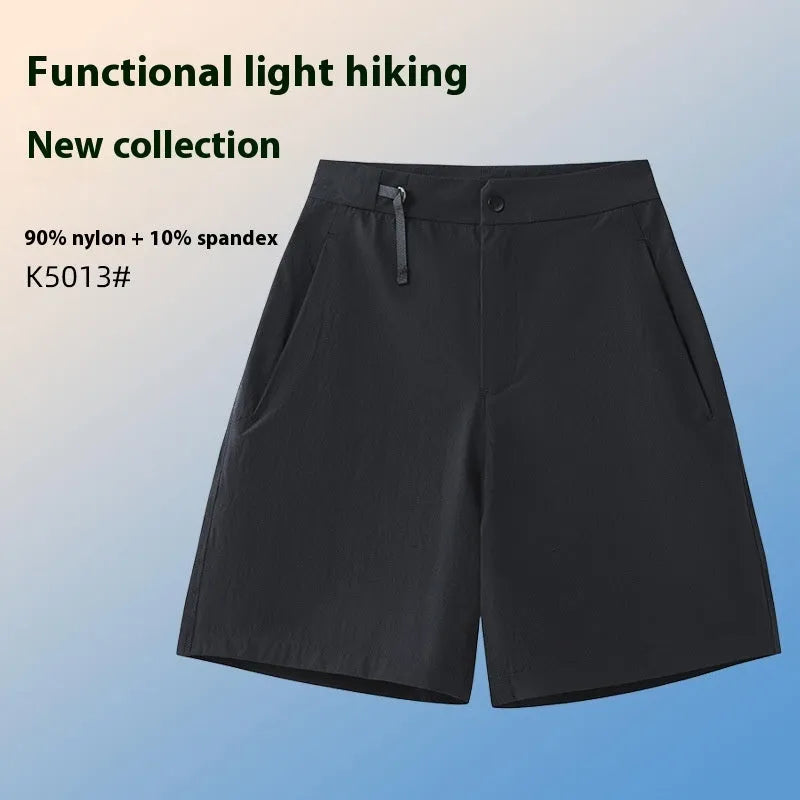 Men's khaki quick-dry sports shorts with 3D cut and four-way stretch fabric for athletic movement.