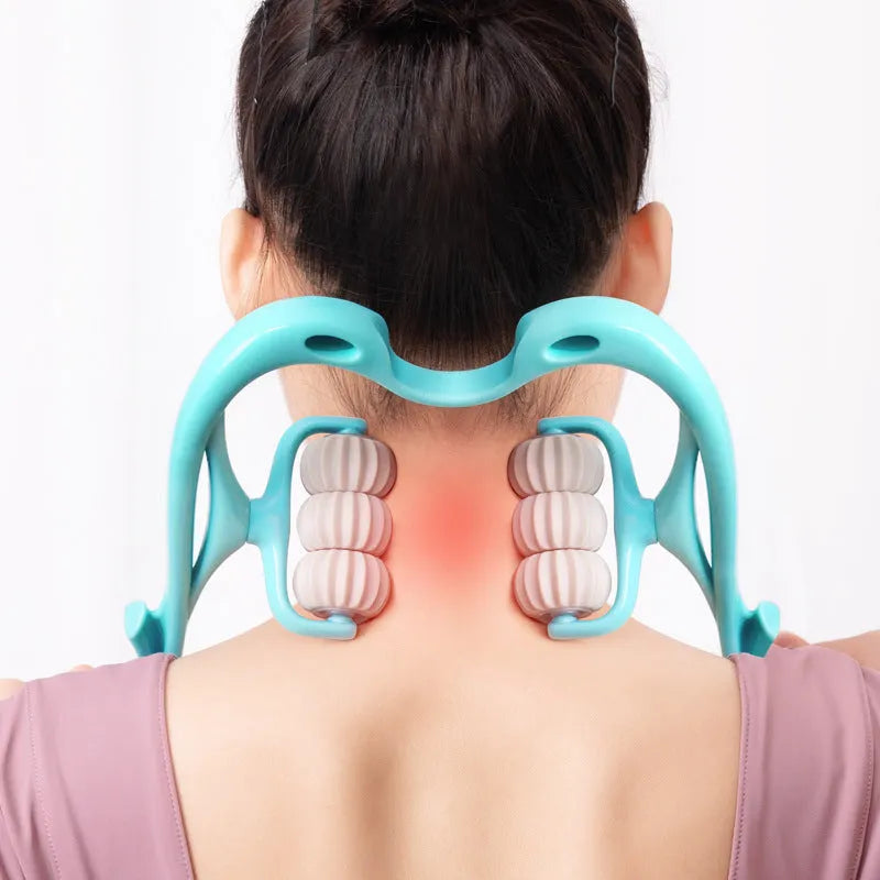 Blue six-wheel manual muscle massager with an adjustable long handle for neck, shoulder, and back relief.