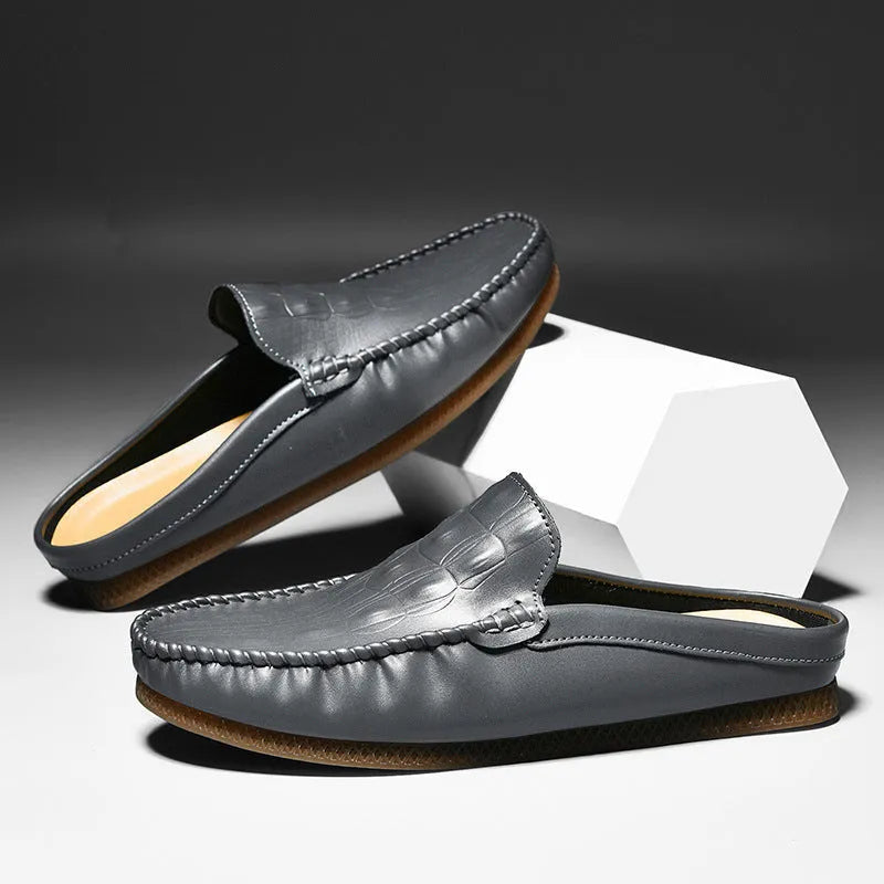 Men's black summer semi-slippers with artificial PU upper and rubber sole, breathable design