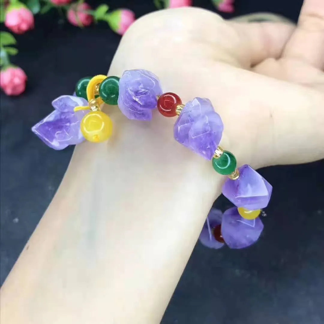 Natural-shaped amethyst bead bracelet with engraved fu character for women's jewellery