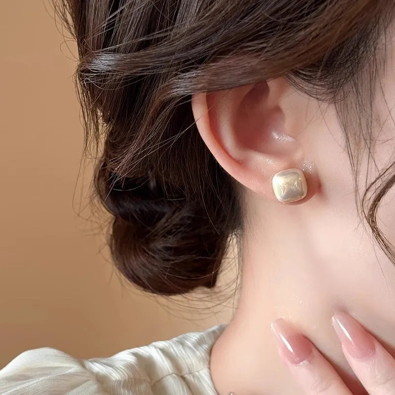 Cube sugar imitation pearl earrings for women, geometric style studs with electroplating