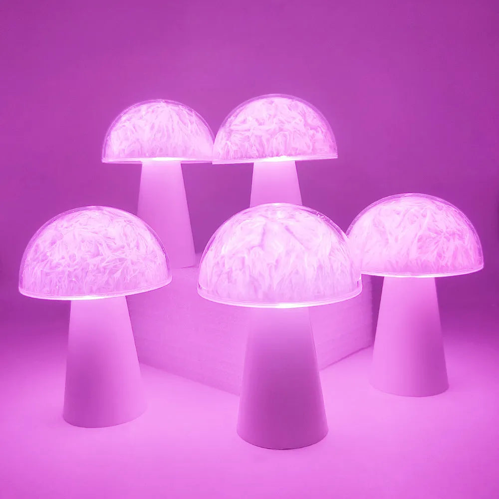 Mushroom-shaped RGB night light with remote control measuring 9cm by 9cm by 13.5cm