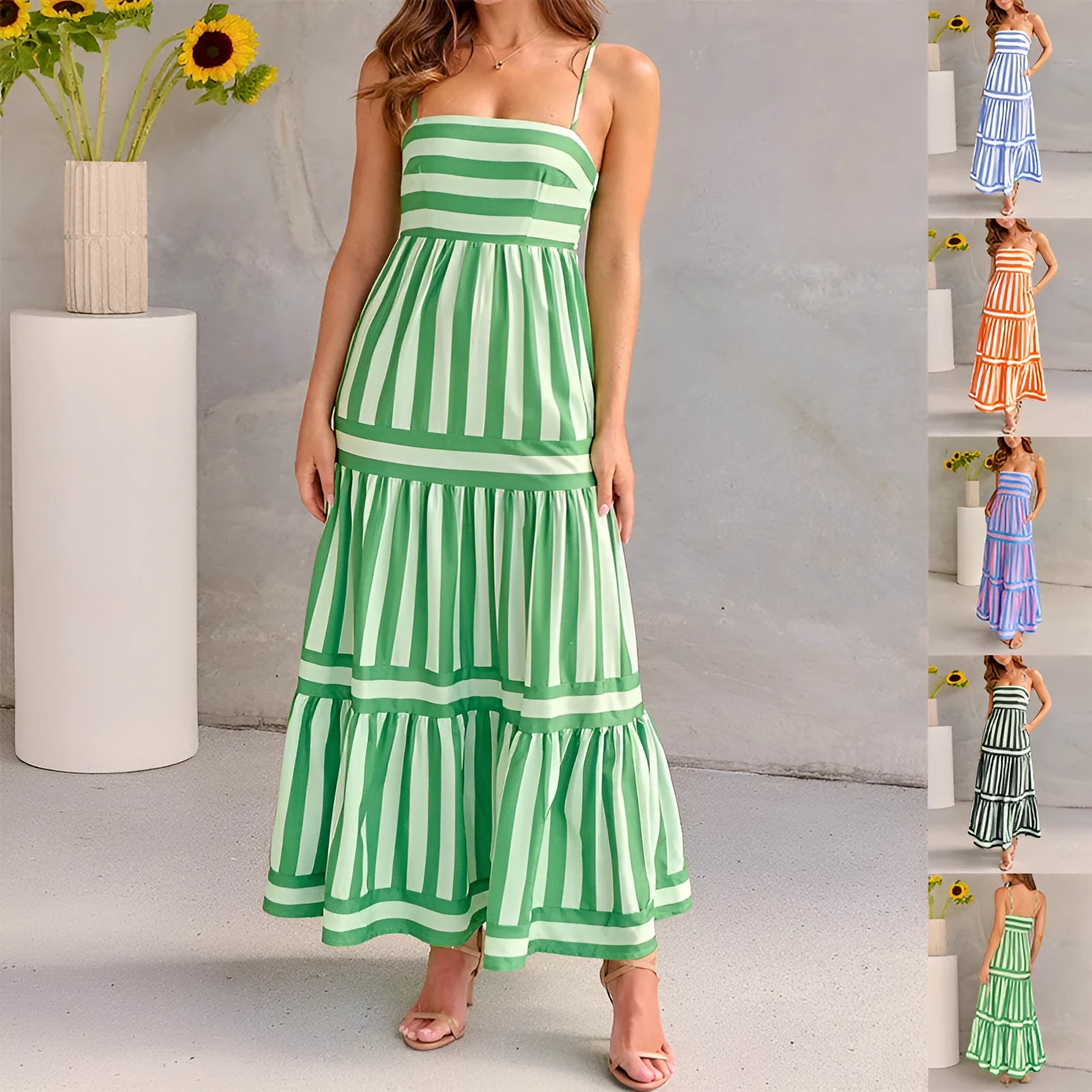 Long striped backless summer dress with square neckline and side pockets on a mannequin