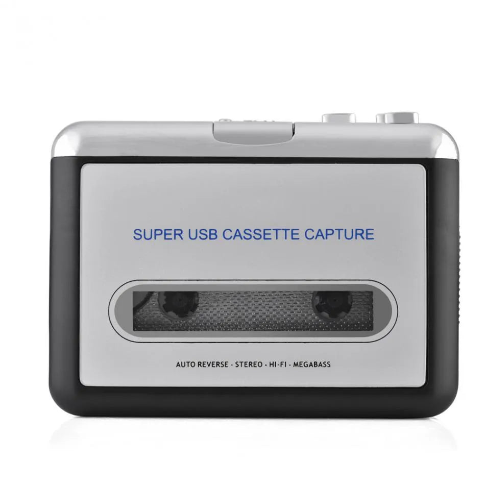 Silver USB cassette to MP3 converter player with digital display and USB cable