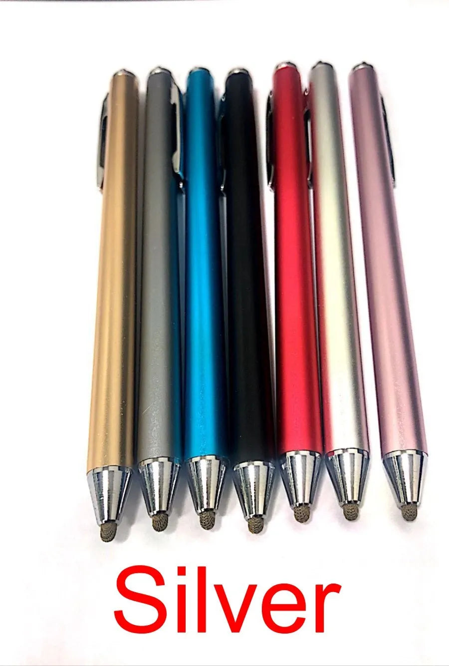Fine tip metal stylus pen for touch screen tablets and smartphones in assorted colours.