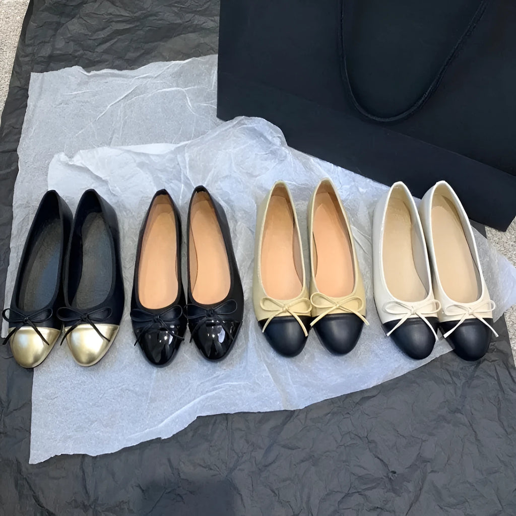 Women's ballet flat shoes with round toe and bowknot detail in soft rubber sole construction