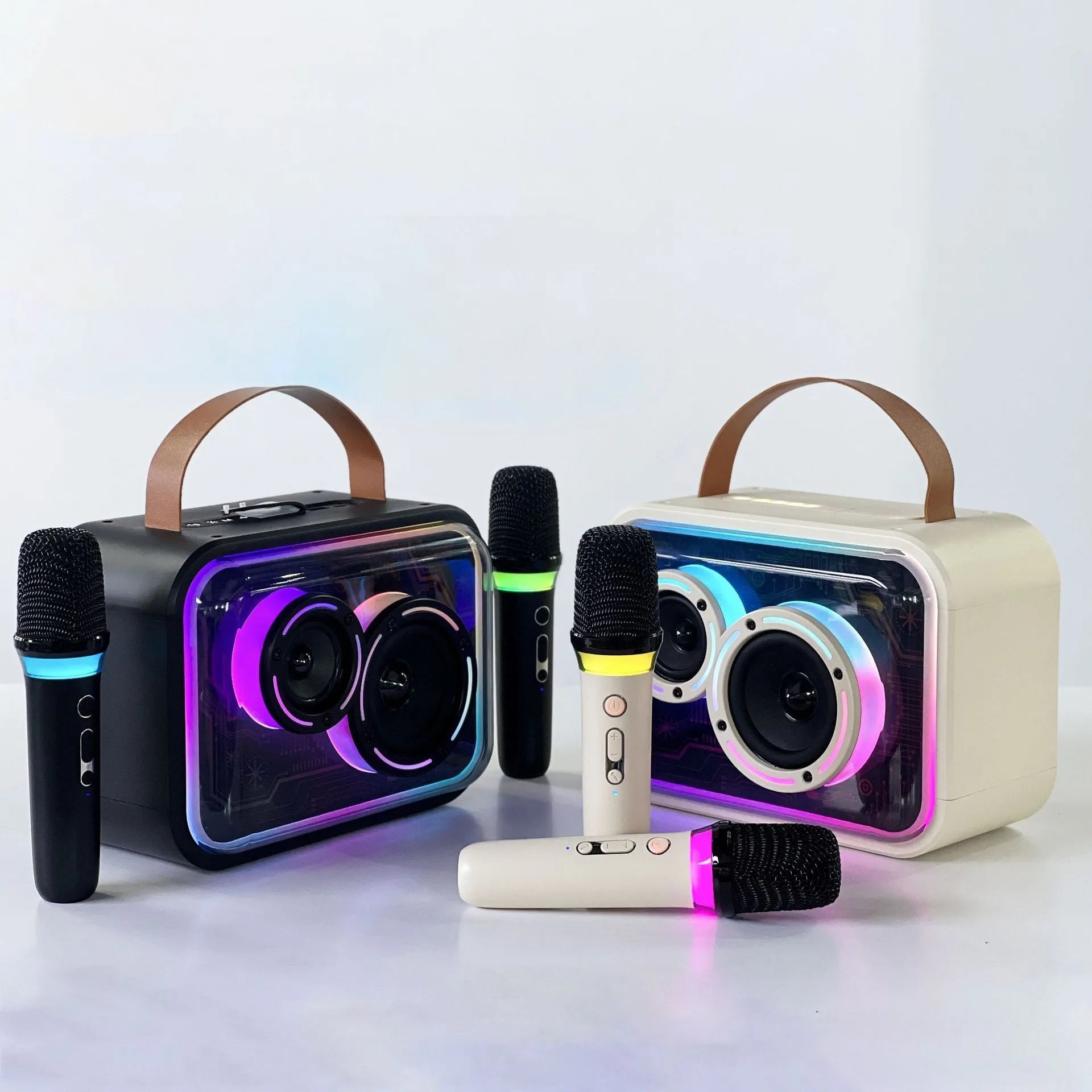 Light yellow portable Bluetooth speaker with RGB lighting and a wireless microphone on a table
