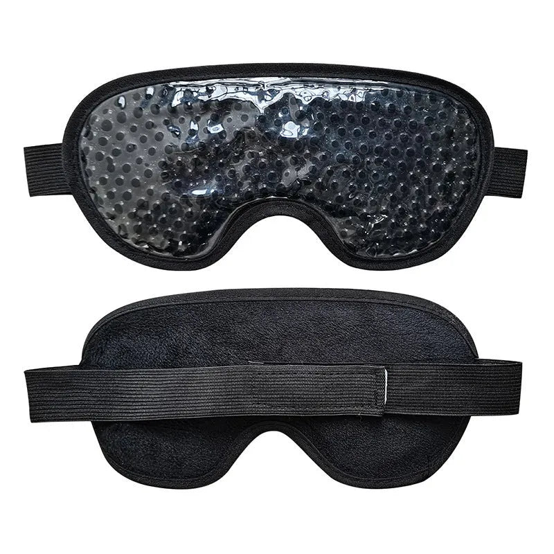 White portable rechargeable hot cold compress eye mask with USB cable and accessories.