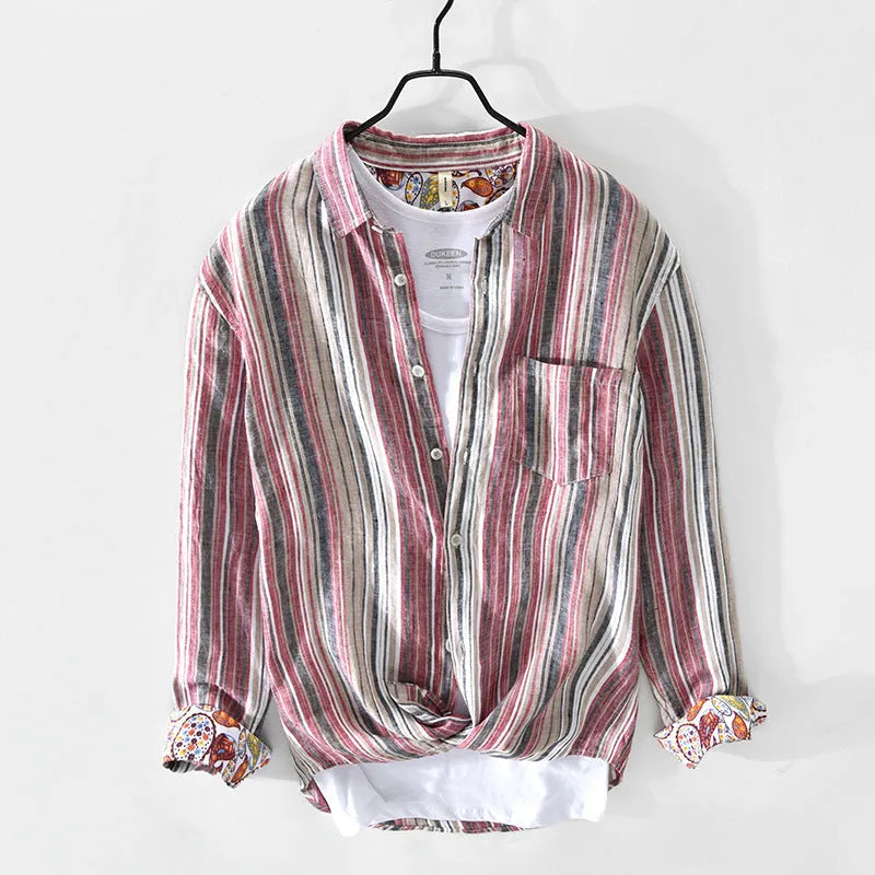 Men's linen striped shirt in loose fit with long sleeves showing red and grey colour options