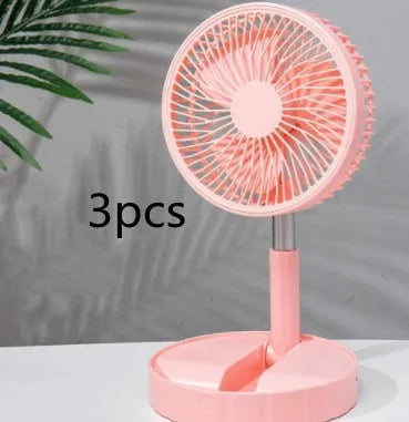 Black portable telescopic folding fan extended to full height showing oscillation function and power bank port