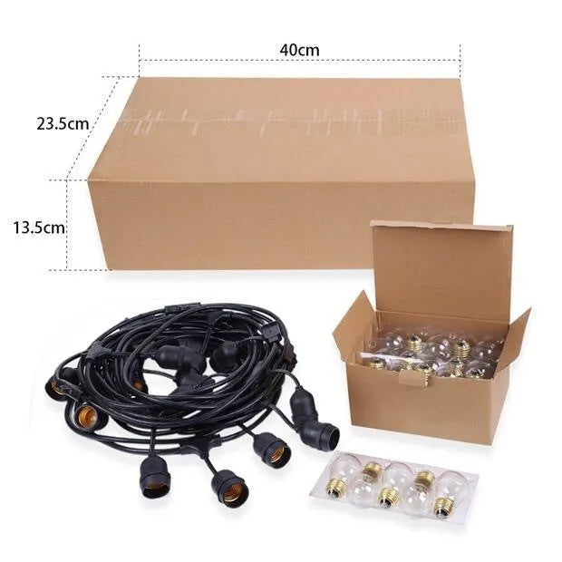Black 15-metre light string with 15 bulbs for indoor and outdoor decorative lighting