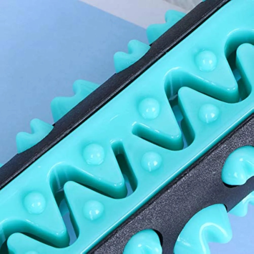 Natural rubber dog dental chew toy in four colours, showing textured surface for teeth cleaning.