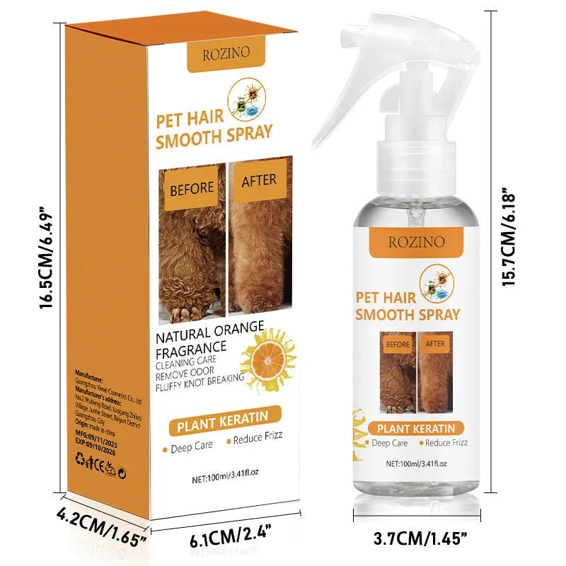 Pet-specific anti-static anti-knotting odour removing grooming spray in 100ml bottle for dogs and cats
