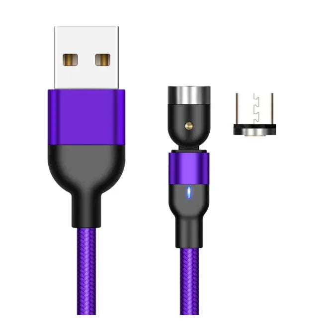Essager black magnetic USB cable with 360-degree rotating head and blue LED light, shown with Micro USB, Lightning, and Type C tips.
