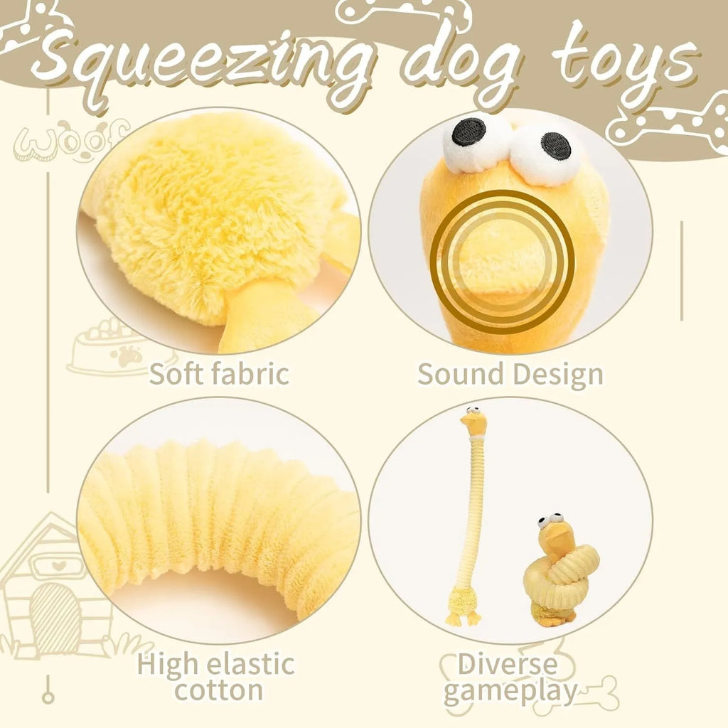Brown, grey, and yellow foldable plush dog toy with squeaker and crinkle material.