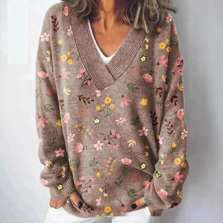 Women's V-neck sweatshirt with 3D floral print pattern on white polyester woven fabric