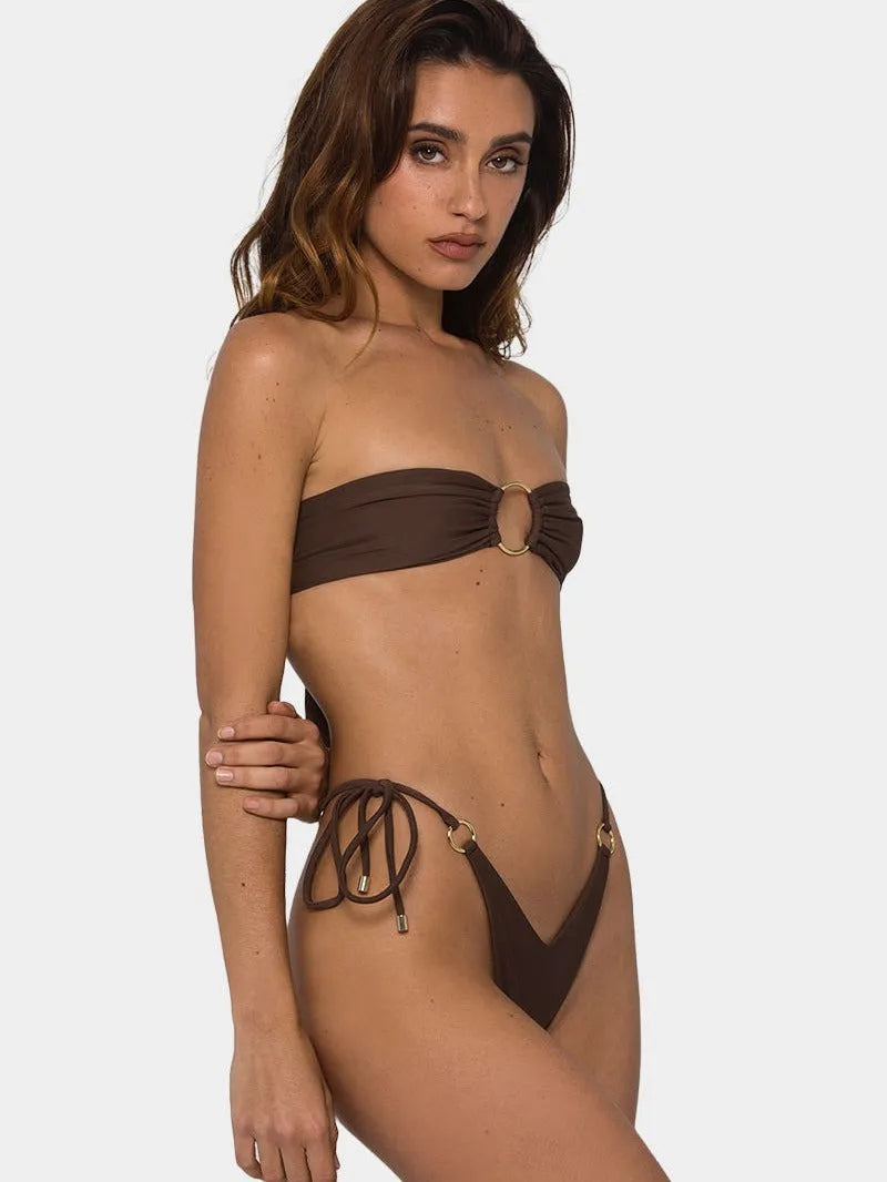 Brown women's tube-top bikini with adjustable ring tether at the back and push-up padding.