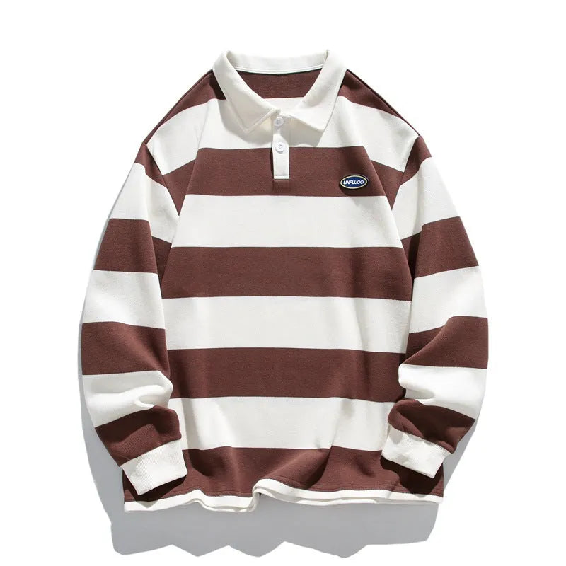 Matching set of two striped Hong Kong style polo shirts with lapel collars in pearl cotton fabric.