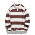 Matching set of two striped Hong Kong style polo shirts with lapel collars in pearl cotton fabric.