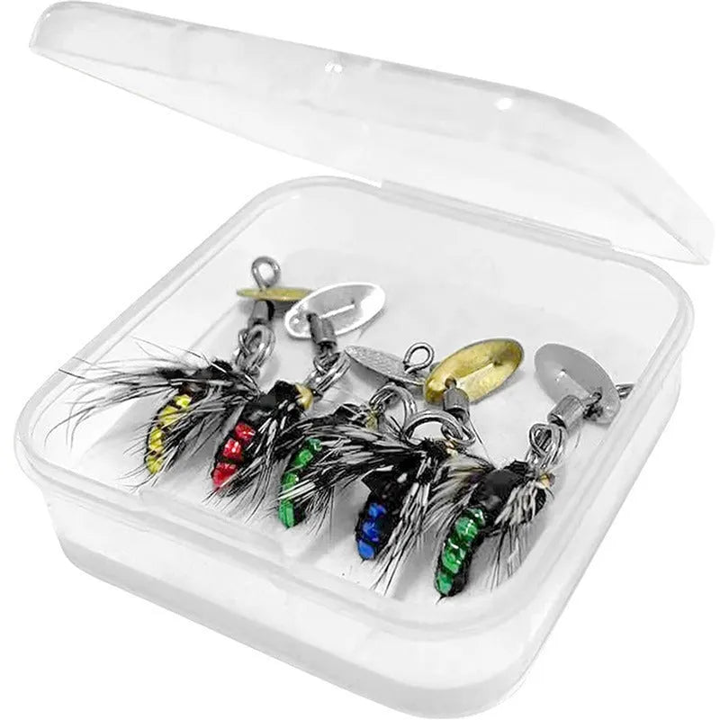 Five bionic poisonous mosquito fishing hooks with spinning sequins in multicolour patterns