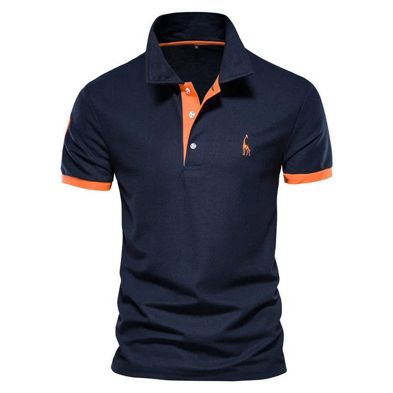Men's slim fit embroidered short sleeve T-shirt in a cotton blend fabric on a hanger.