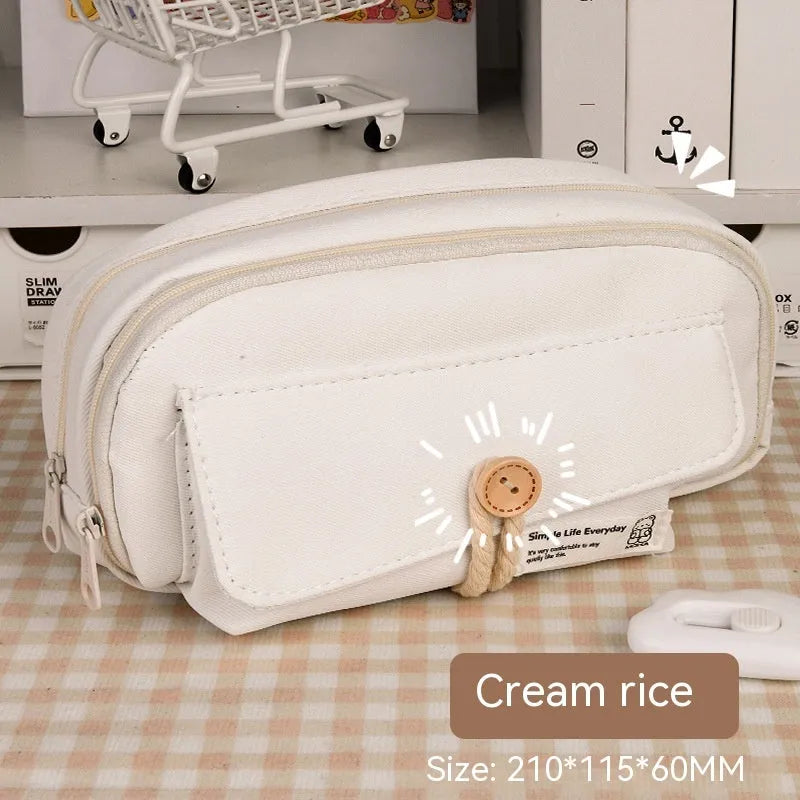 Green canvas button pencil case showing large capacity for pens in Korean style design.
