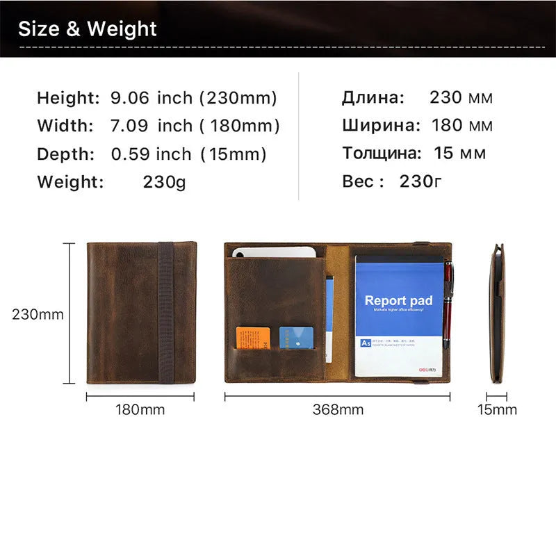 Brown Crazy Horse leather A5 notebook protective sleeve with square socket-type design