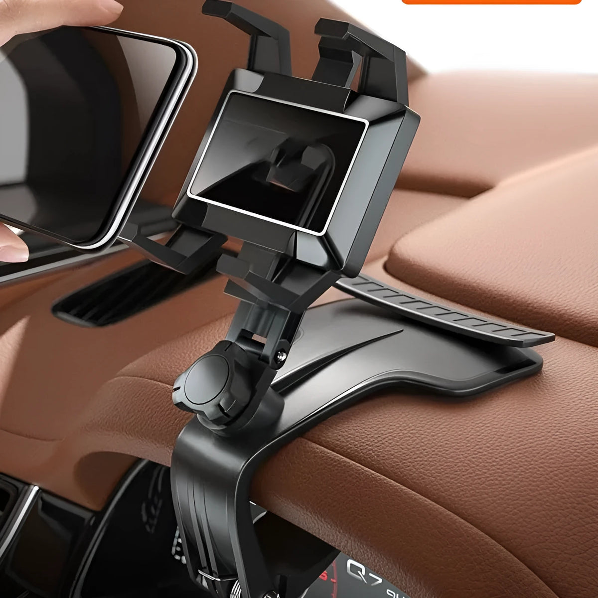 Black car phone holder with telescopic suction cup and dual-spring clip for dashboard mounting