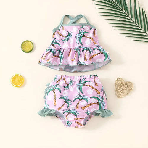 White girls' swimsuit set with shirt-style top and shorts for beach wear